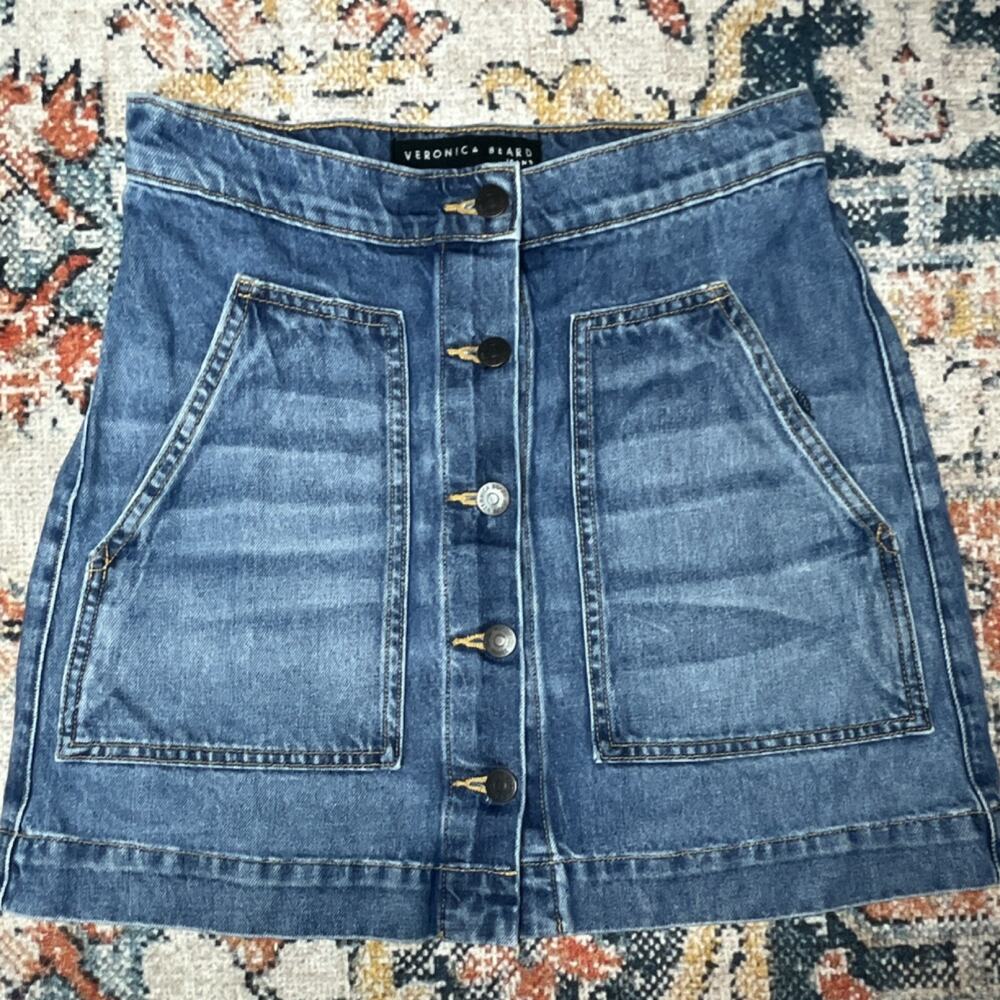 Veronica Beard Button-Front Denim Mini Skirt Faded Cloud Size 26 $198
